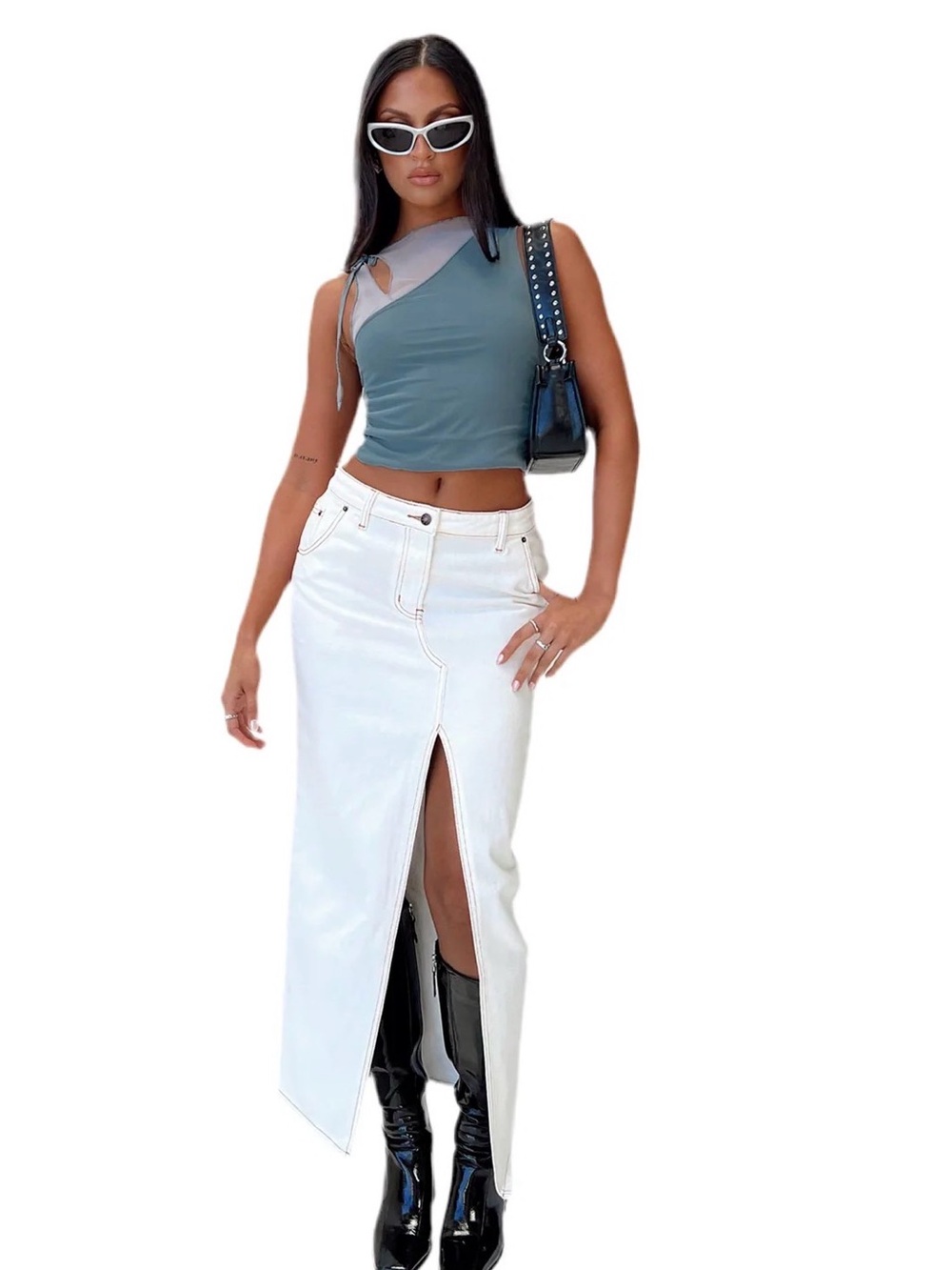 Lioness White Maxi Denim Skirt with Front High Slit